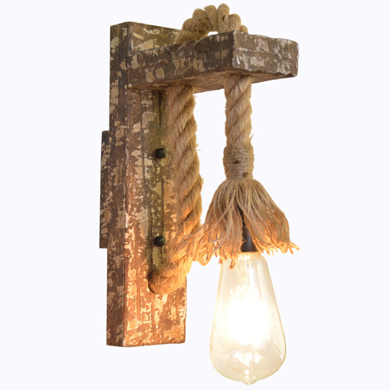 Avtoit | 1 Light Bare Bulb Wall Lamp Fixture Warehouse Beige Jute Rope Wall Mounted Light with Wooden Back Plate