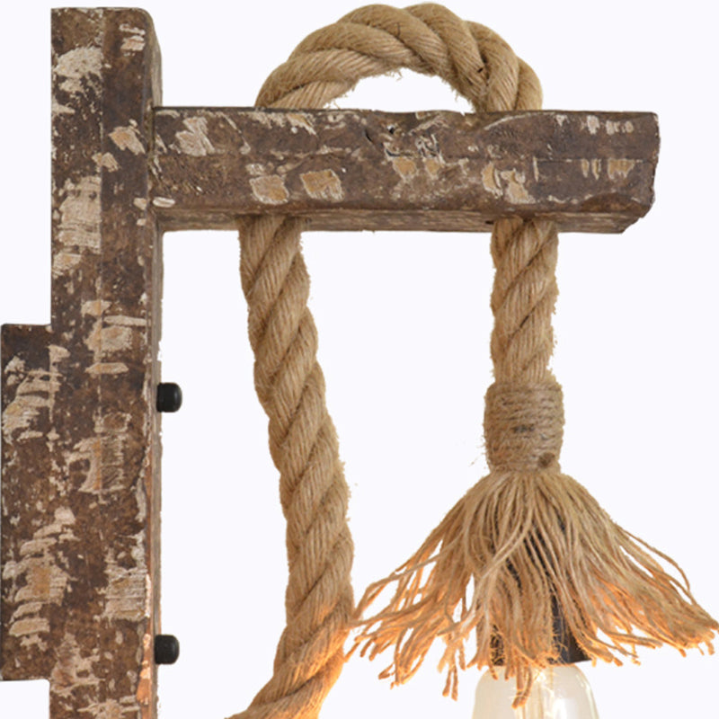 Avtoit | 1 Light Bare Bulb Wall Lamp Fixture Warehouse Beige Jute Rope Wall Mounted Light with Wooden Back Plate