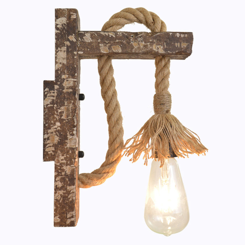 Avtoit | 1 Light Bare Bulb Wall Lamp Fixture Warehouse Beige Jute Rope Wall Mounted Light with Wooden Back Plate