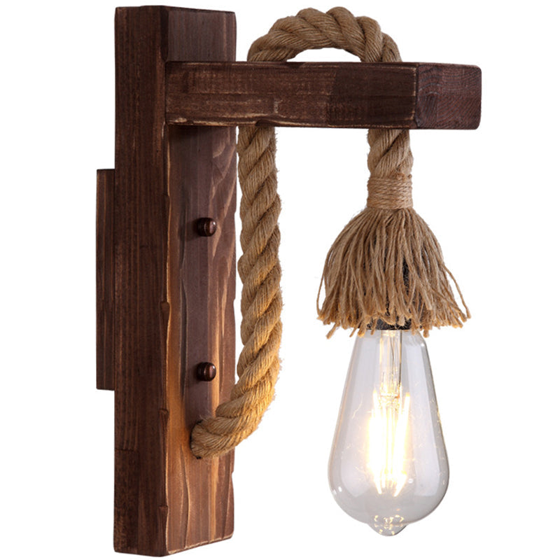 Avtoit | Brown L-shaped wall-mounted lighting Rustic wood 1 light dining room wall light with hemp rope cable