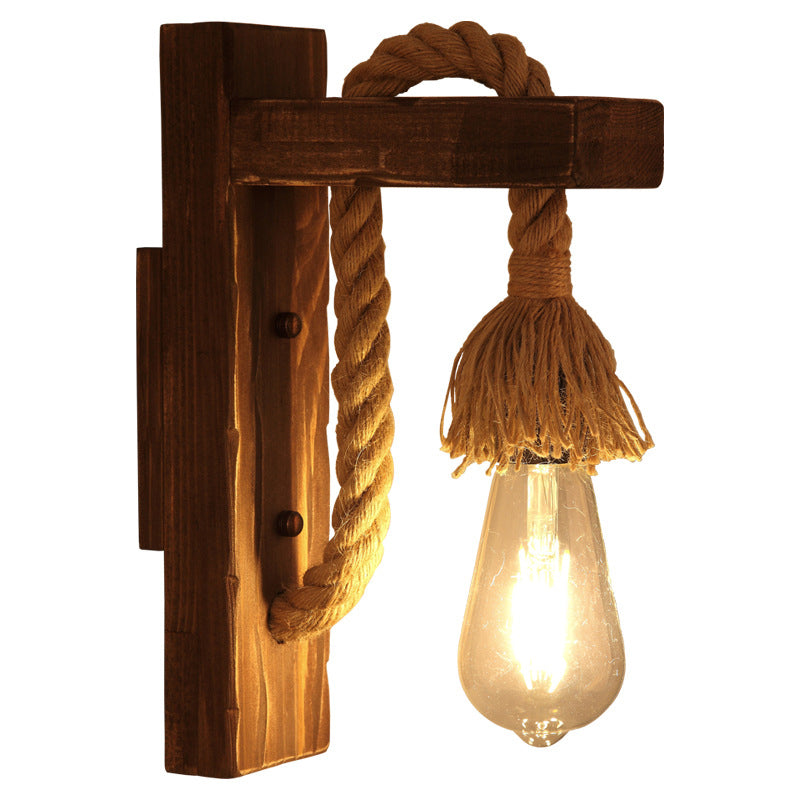Avtoit | Brown L-shaped wall-mounted lighting Rustic wood 1 light dining room wall light with hemp rope cable