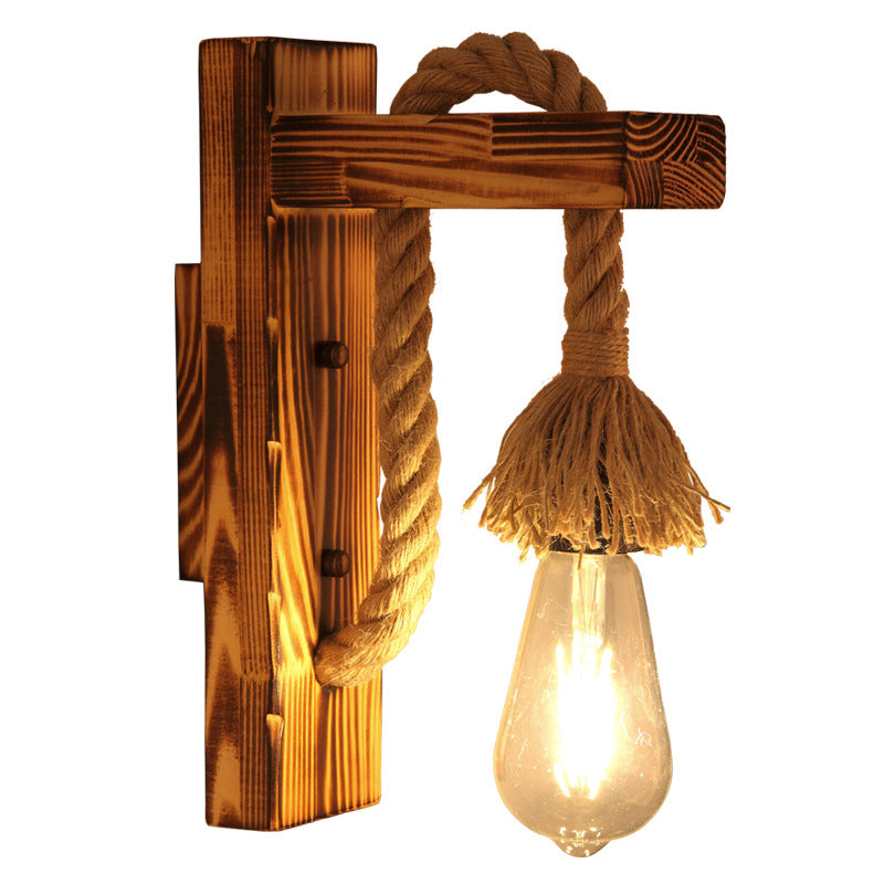 Avtoit | 1-Bulb Wood Wall Mounted Lighting Industrial Brown Rectangular Hall Rope Wall Light Set