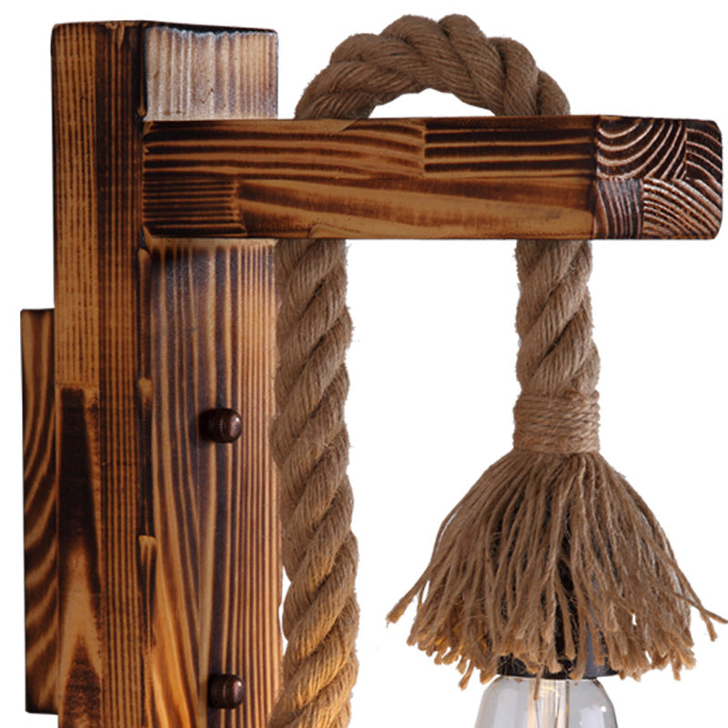 Avtoit | 1-Bulb Wood Wall Mounted Lighting Industrial Brown Rectangular Hall Rope Wall Light Set