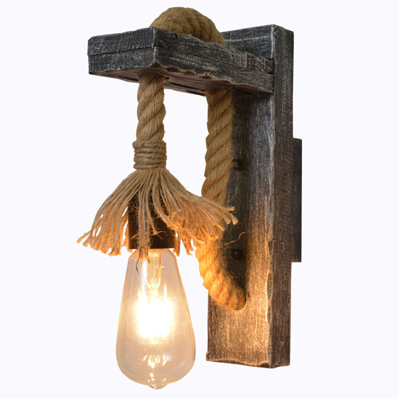Avtoit | Rope Gray Wall Hanging Lamp Bare Bulb 1 Light Industrial Style Wall Lighting Ideas with Wood L-Arm