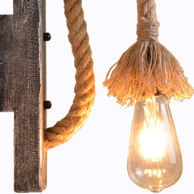 Avtoit | Rope Gray Wall Hanging Lamp Bare Bulb 1 Light Industrial Style Wall Lighting Ideas with Wood L-Arm