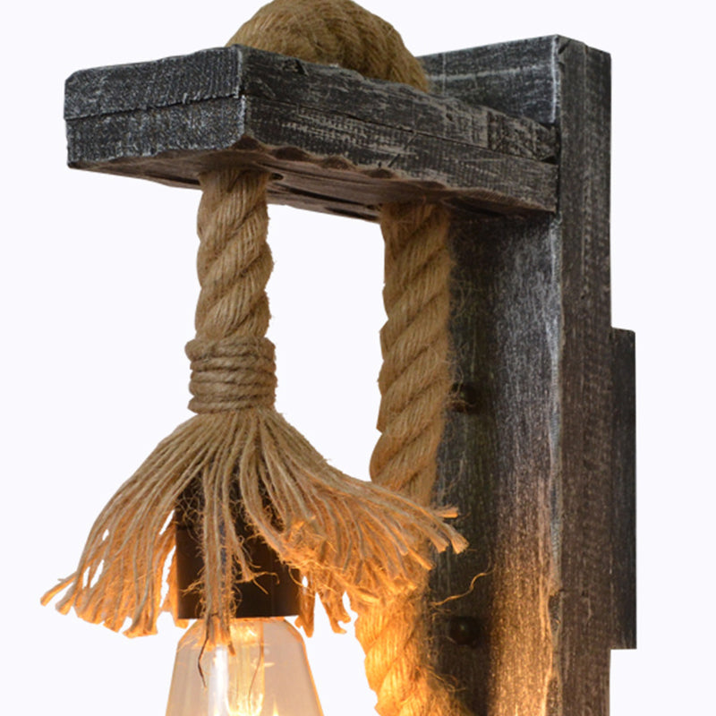 Avtoit | Rope Gray Wall Hanging Lamp Bare Bulb 1 Light Industrial Style Wall Lighting Ideas with Wood L-Arm