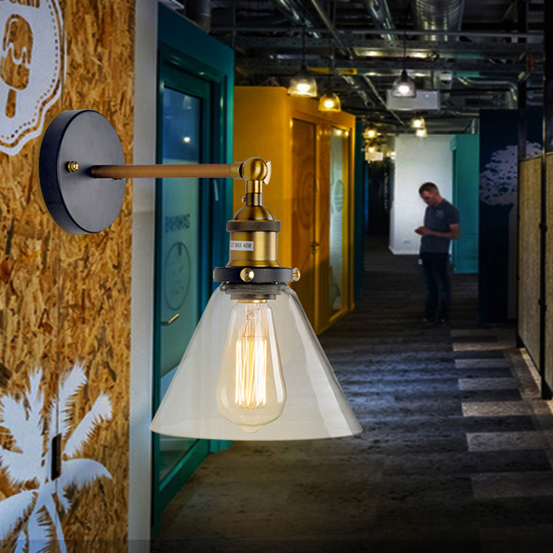 Avtoit | 1 Light Geometry Wall Mount Light Industrial Brass Finish Clear Glass Wall Lighting Ideas for the Hallway
