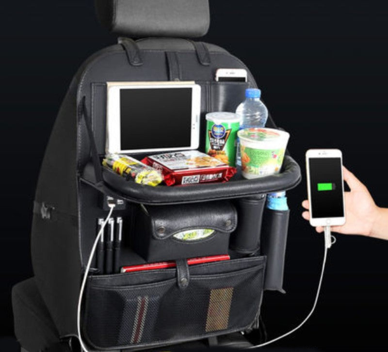 Avtoit | Multifunctional Car Seat Back Large Capacity Storage Bag with 4 USB Charging Ports, Retractable Tray, Tablet Holder, Tissue Storage, Cup Holder, Large Storage Bag and More