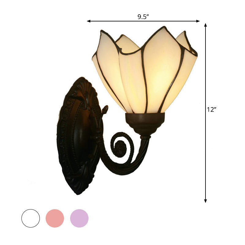 Avtoit | Handcrafted Glass Flowers Wall Light Mediterranean 1 Bulb Black Wall Mounted Lamp with Curved Arm