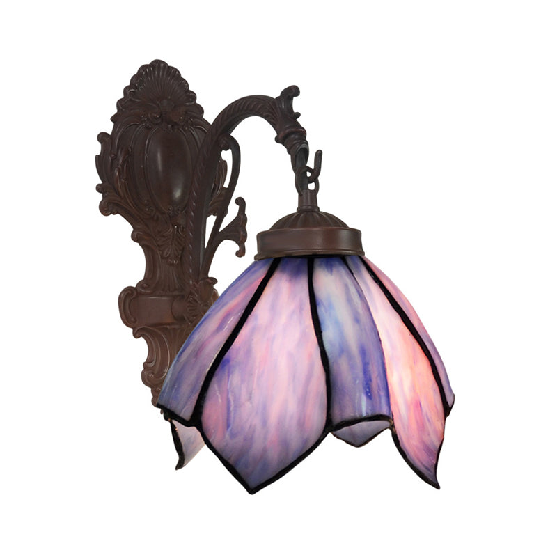 Avtoit | Handcrafted Glass Flowers Wall Light Mediterranean 1 Bulb Black Wall Mounted Lamp with Curved Arm