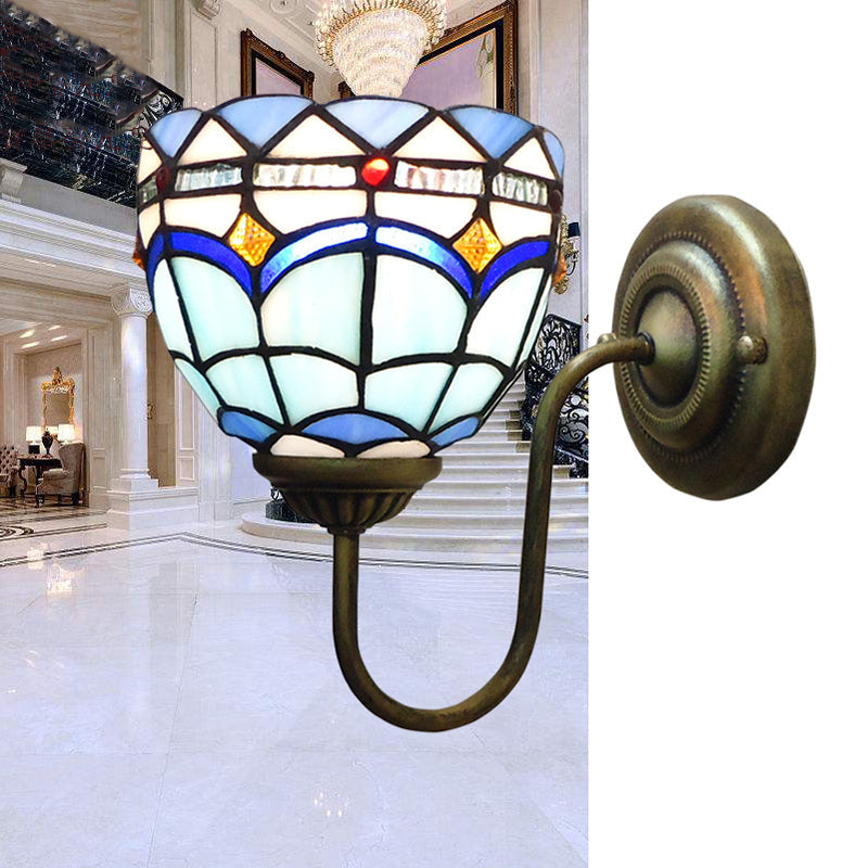 Avtoit | Blue Dome Wall Light Baroque 1 Head Stained Glass Wall Light Ideas with Curved Arm