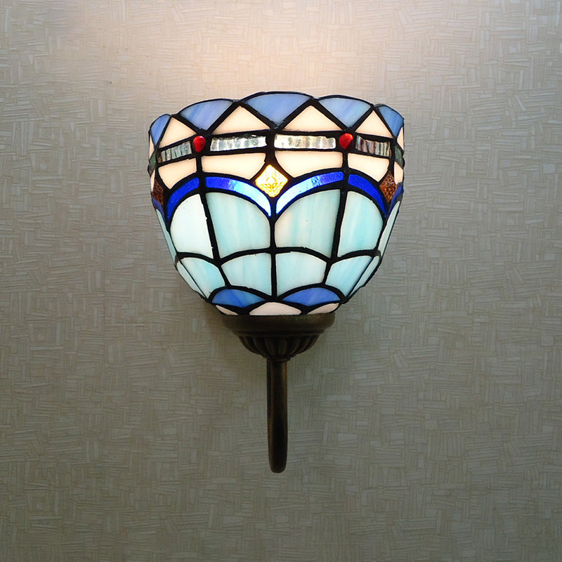 Avtoit | Blue Dome Wall Light Baroque 1 Head Stained Glass Wall Light Ideas with Curved Arm