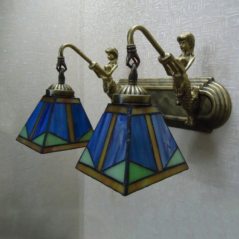 Avtoit | Trapezium Wall Mount Lamp Fixture Tiffany Bronze Cut Glass Wall Lighting with Mermaid Arm