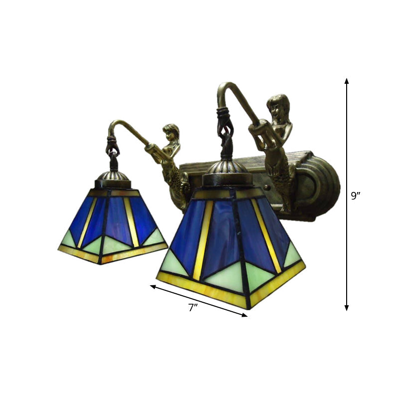 Avtoit | Trapezium Wall Mount Lamp Fixture Tiffany Bronze Cut Glass Wall Lighting with Mermaid Arm