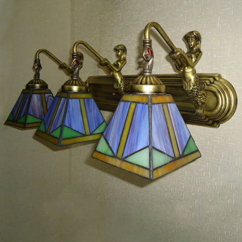 Avtoit | Trapezium Wall Mount Lamp Fixture Tiffany Bronze Cut Glass Wall Lighting with Mermaid Arm