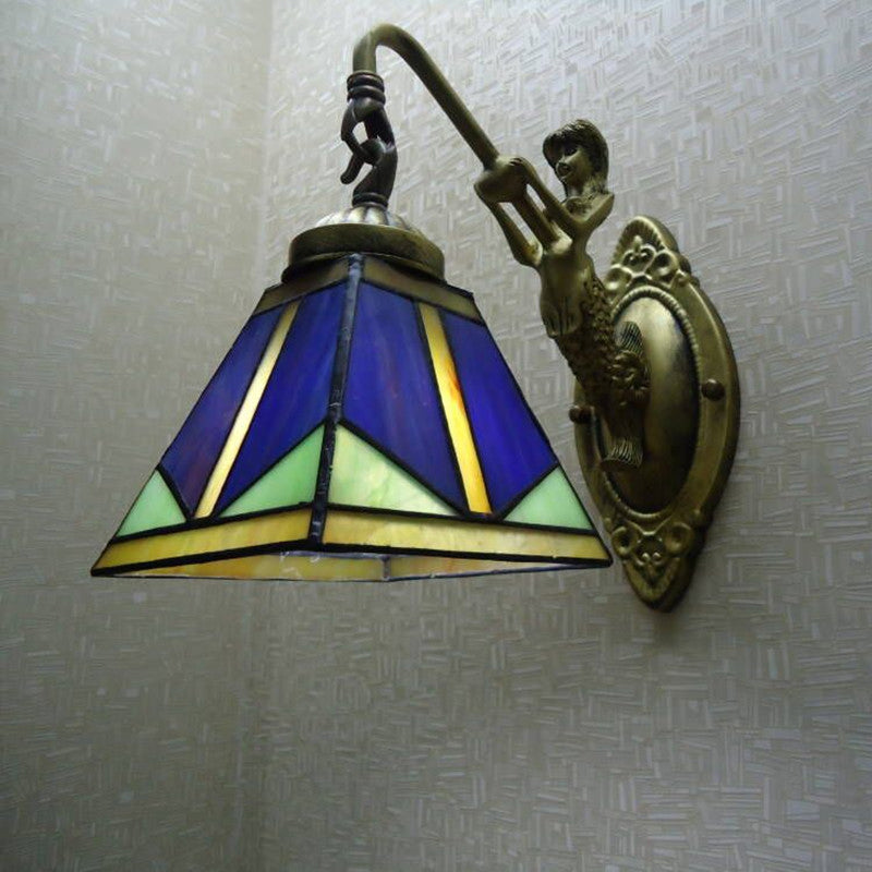 Avtoit | Trapezium Wall Mount Lamp Fixture Tiffany Bronze Cut Glass Wall Lighting with Mermaid Arm