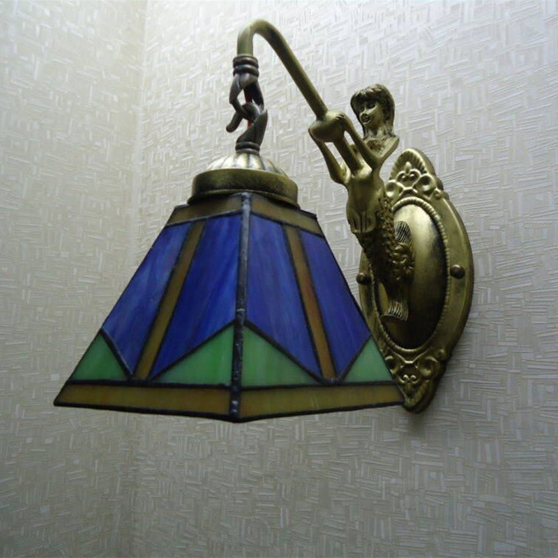 Avtoit | Trapezium Wall Mount Lamp Fixture Tiffany Bronze Cut Glass Wall Lighting with Mermaid Arm