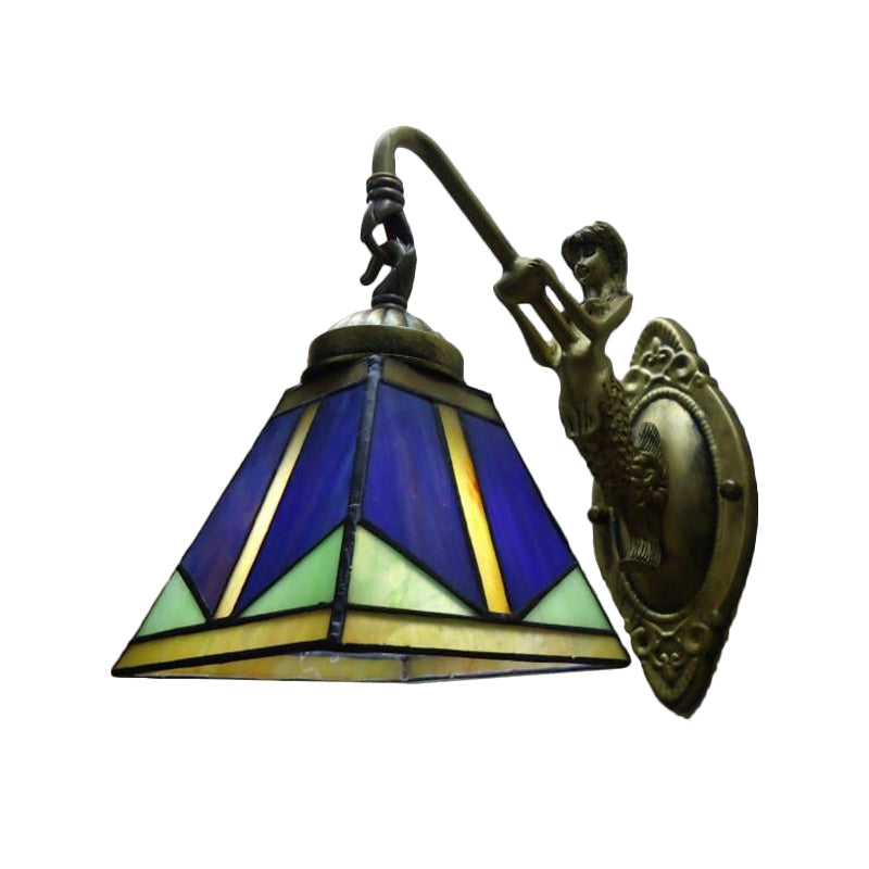 Avtoit | Trapezium Wall Mount Lamp Fixture Tiffany Bronze Cut Glass Wall Lighting with Mermaid Arm