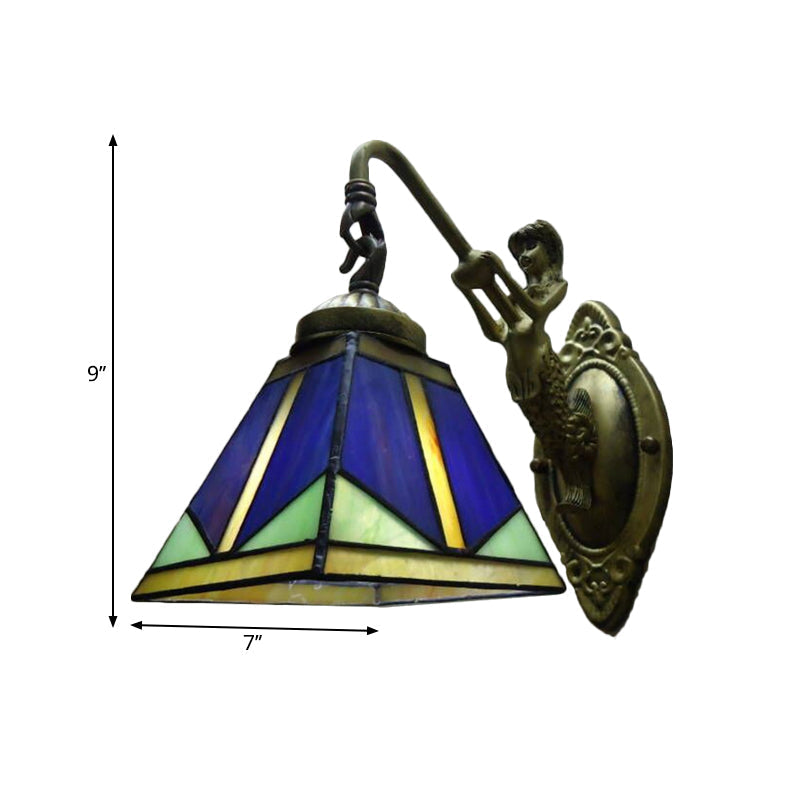 Avtoit | Trapezium Wall Mount Lamp Fixture Tiffany Bronze Cut Glass Wall Lighting with Mermaid Arm