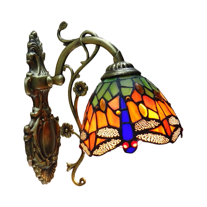 Avtoit | Hand-cut Glass Dragonfly Wall Lamp Tiffany Style 1 Light Wall Mounted Light Fixture with Carved Backplate