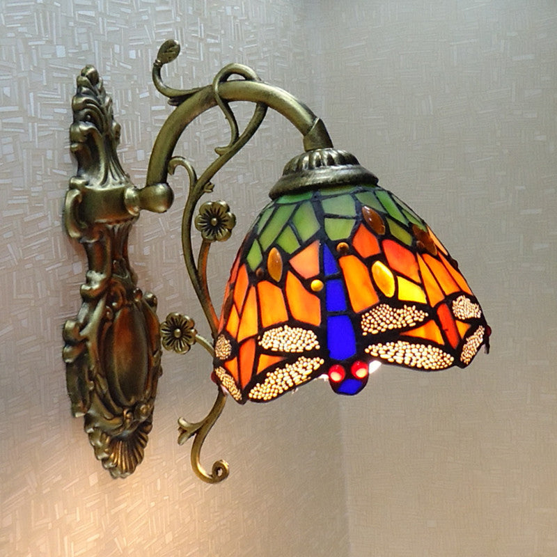 Avtoit | Hand-cut Glass Dragonfly Wall Lamp Tiffany Style 1 Light Wall Mounted Light Fixture with Carved Backplate