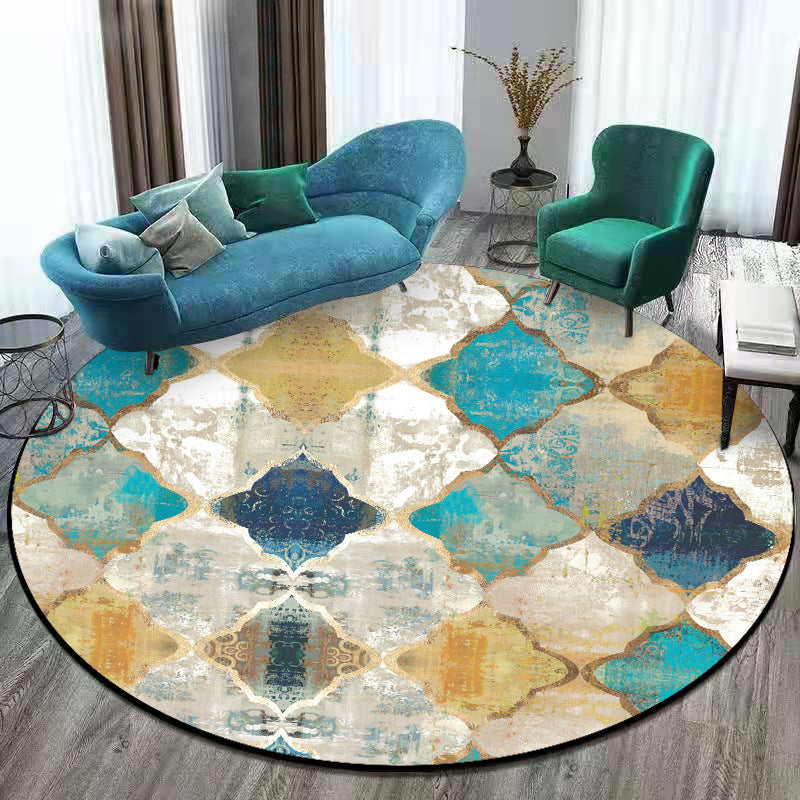 Avtoit | Worn Blue-Yellow Moroccan Carpet Polypropylene Quadrifolium Pattern Carpet Non-Slip Backing Pet Friendly Stain Resistant Carpet for Room