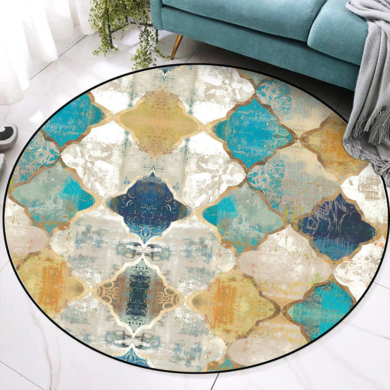 Avtoit | Worn Blue-Yellow Moroccan Carpet Polypropylene Quadrifolium Pattern Carpet Non-Slip Backing Pet Friendly Stain Resistant Carpet for Room
