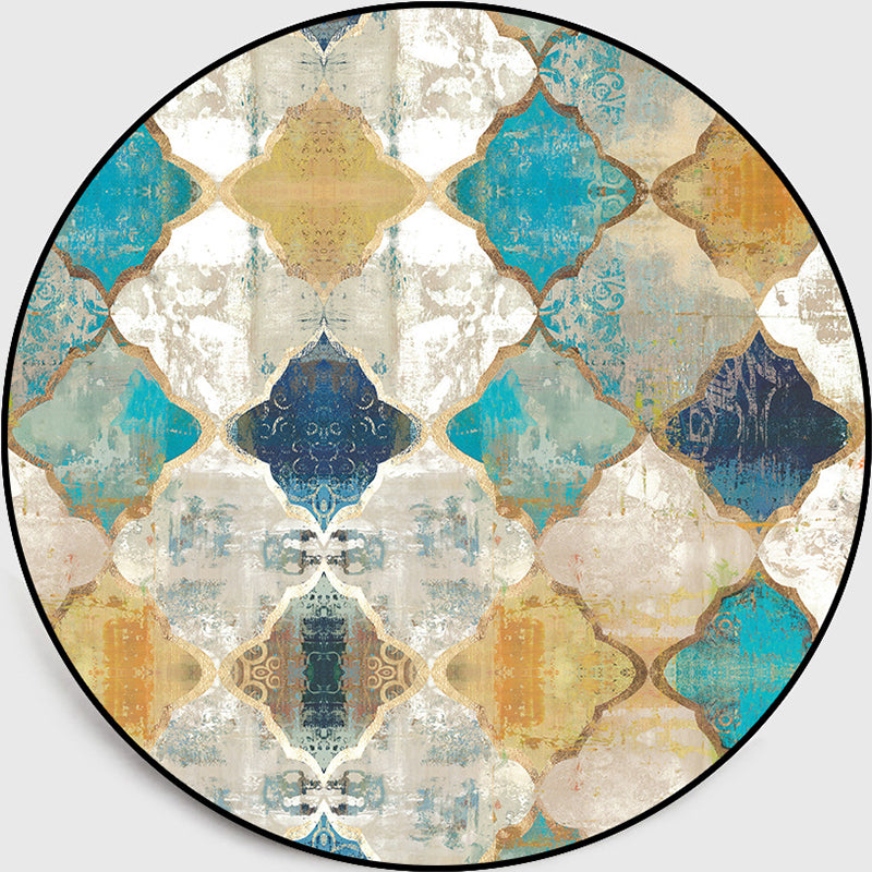 Avtoit | Worn Blue-Yellow Moroccan Carpet Polypropylene Quadrifolium Pattern Carpet Non-Slip Backing Pet Friendly Stain Resistant Carpet for Room