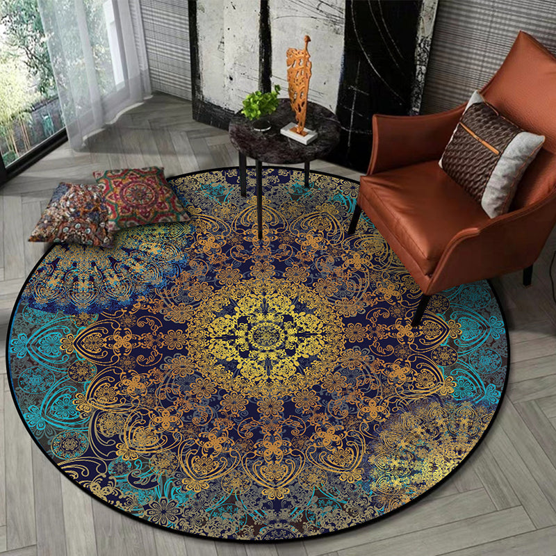 Avtoit | Weathered Floral Pattern Rug Weathered Blue-Yellow Moroccan Rug Polyester Washable Non-Slip Floor Stain Resistant Rug for Home