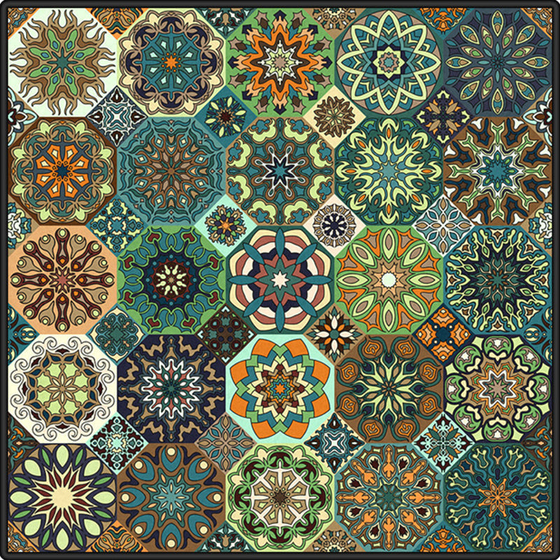 Avtoit | Multicolored Mandala Rug Polypropylene Turkish Carpet Non-Slip Backing Stain-Resistant Machine Washable Carpet for Bedroom