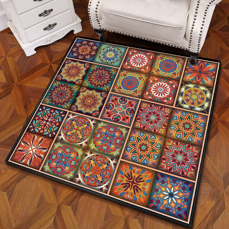 Avtoit | Multicolored Mandala Rug Polypropylene Turkish Carpet Non-Slip Backing Stain-Resistant Machine Washable Carpet for Bedroom
