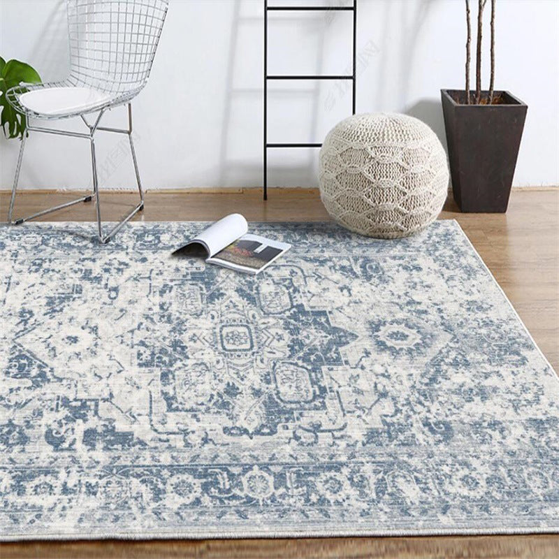 Avtoit | Stonewashed Light Blue Flower Carpet Polyester Moroccan Carpet Non-Slip Back Stain Resistant Machine Washable Carpet for Lounge Area