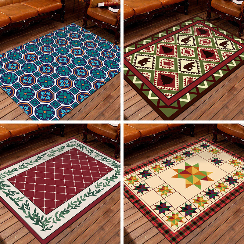 Avtoit | Nostalgic Persian Carpet Multicolored Grid Mat Non-slip Washable Pet-friendly Carpet for Living Room
