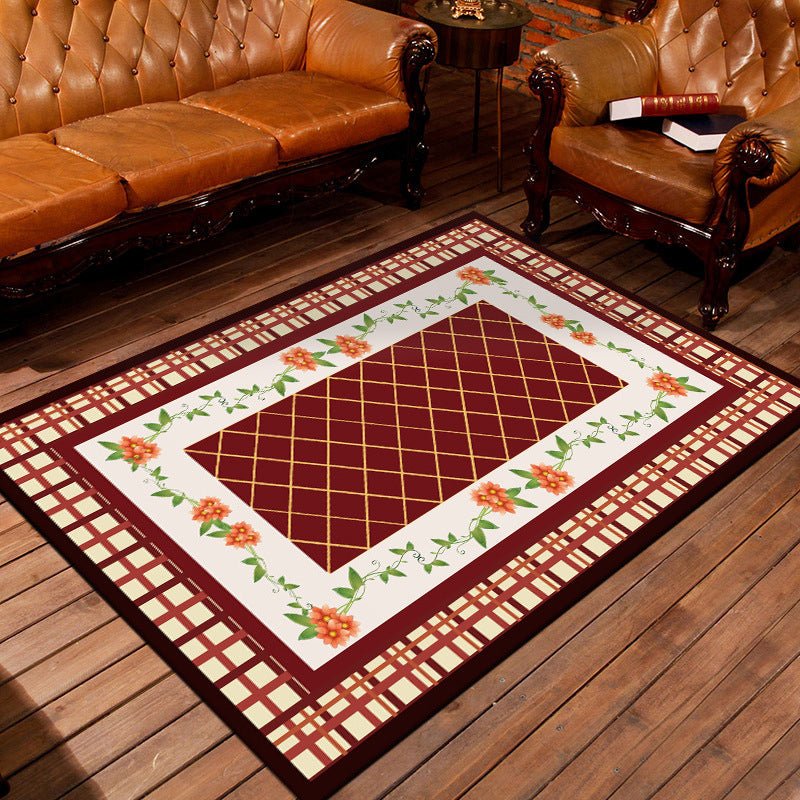 Avtoit | Nostalgic Persian Carpet Multicolored Grid Mat Non-slip Washable Pet-friendly Carpet for Living Room
