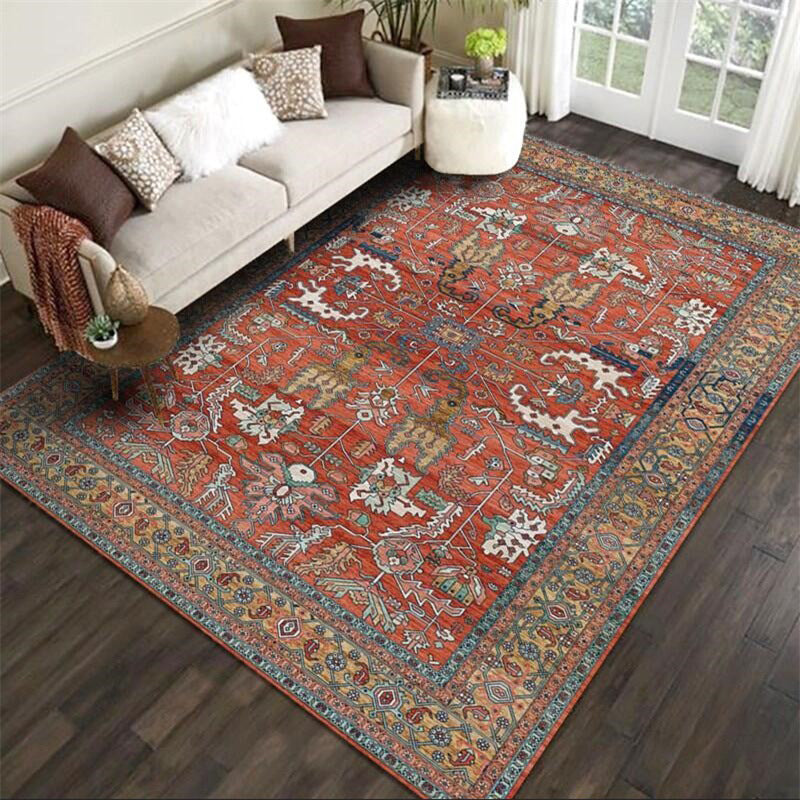 Avtoit | Red Persian Style Carpet Synthetic Geometric Area Rug Washable Non-Slip Backing Stain Resistant Carpet for Room
