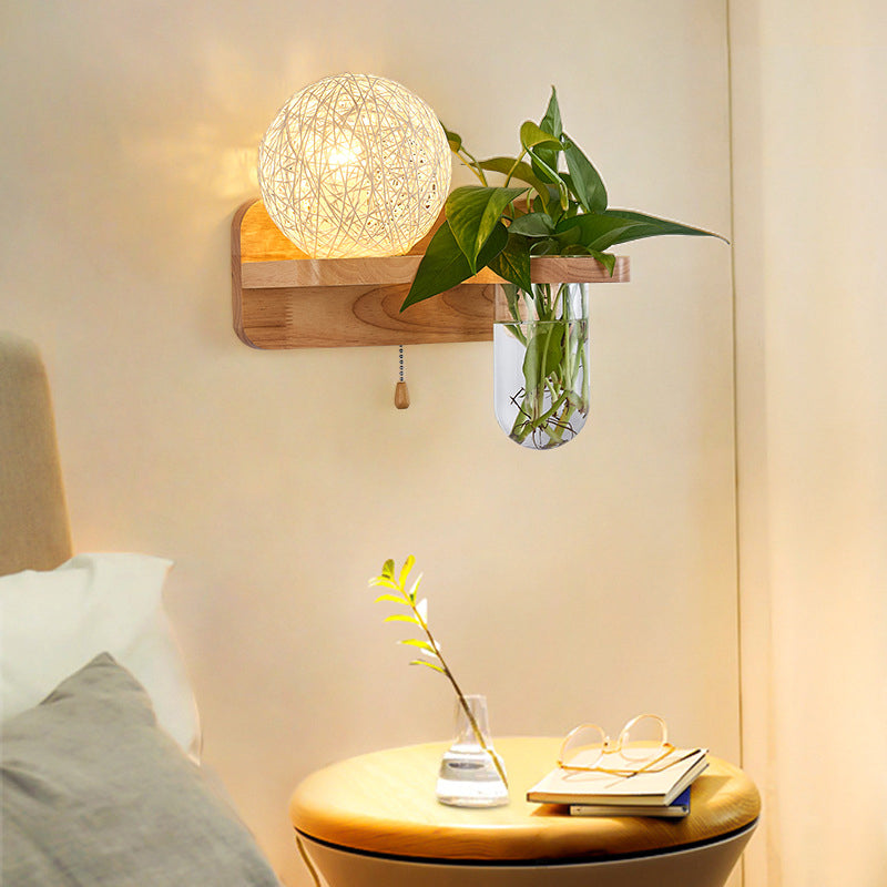 Avtoit | Ball-shaped Nightstand Lamp Rattan 1-Light Modern Wall Lamp with Pull Switch in Wood