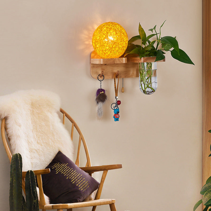 Avtoit | Ball-shaped Nightstand Lamp Rattan 1-Light Modern Wall Lamp with Pull Switch in Wood