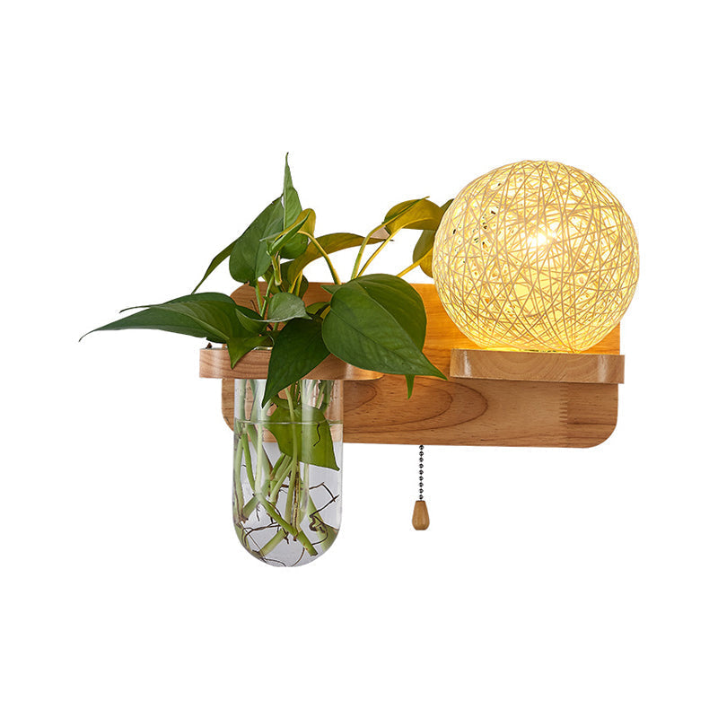 Avtoit | Ball-shaped Nightstand Lamp Rattan 1-Light Modern Wall Lamp with Pull Switch in Wood