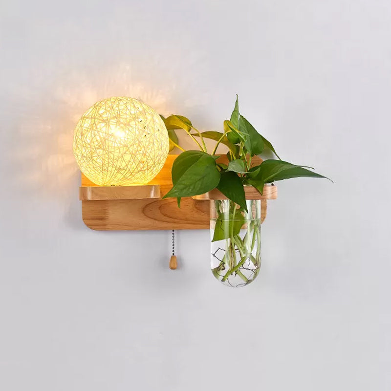 Avtoit | Ball-shaped Nightstand Lamp Rattan 1-Light Modern Wall Lamp with Pull Switch in Wood