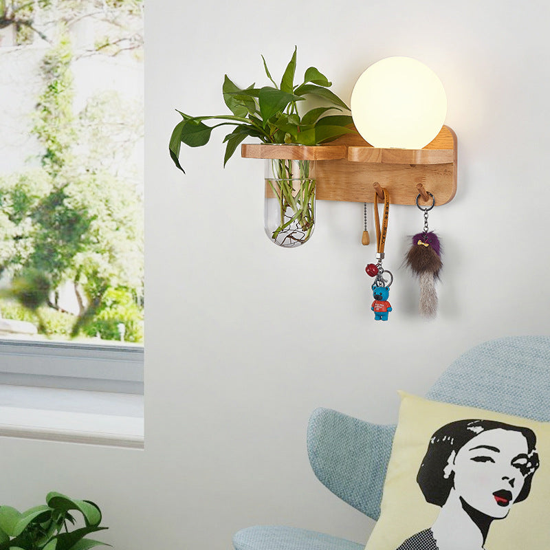 Avtoit | Geometric Pull Chain Wall Light Simplicity White Glass Single Hall Wall Mounted Lamp in Wood