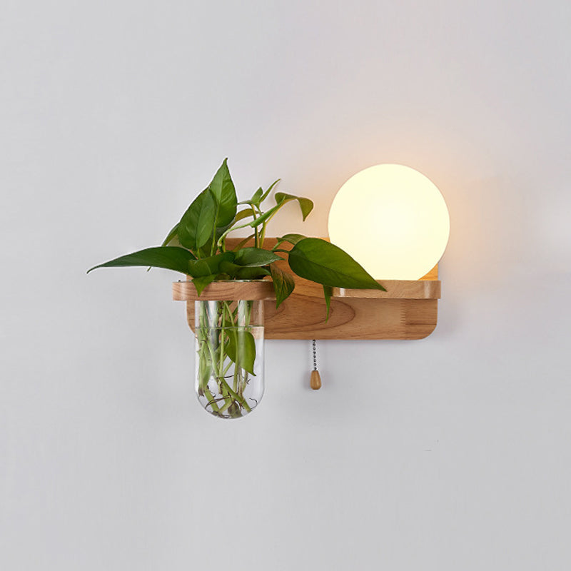 Avtoit | Geometric Pull Chain Wall Light Simplicity White Glass Single Hall Wall Mounted Lamp in Wood