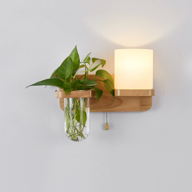 Avtoit | Geometric Pull Chain Wall Light Simplicity White Glass Single Hall Wall Mounted Lamp in Wood