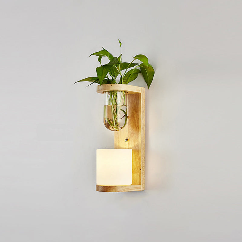 Avtoit | White Glass Geometric Wall Lighting Modern 1 Head Wood Wall Lamp for Nightstand