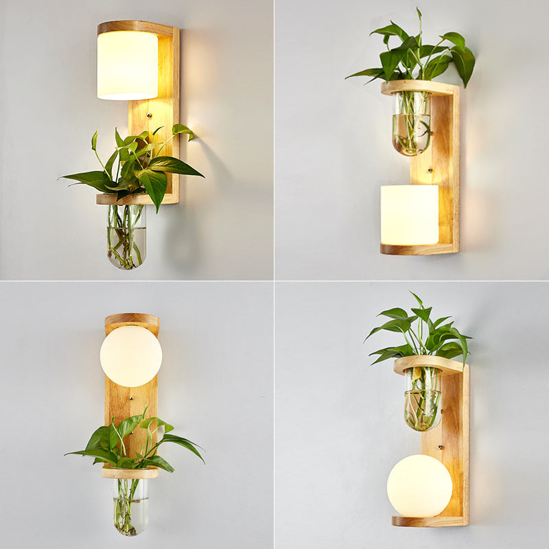 Avtoit | White Glass Geometric Wall Lighting Modern 1 Head Wood Wall Lamp for Nightstand