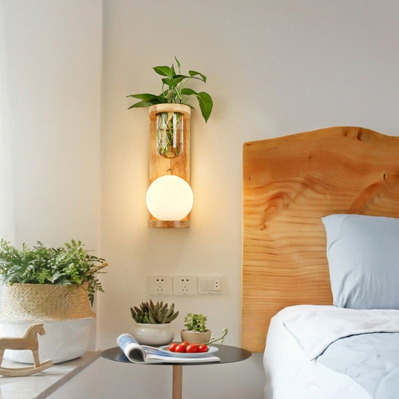 Avtoit | White Glass Geometric Wall Lighting Modern 1 Head Wood Wall Lamp for Nightstand