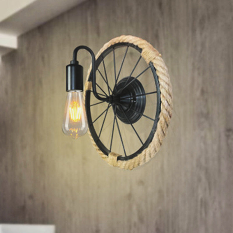 Avtoit | 1 Light Open Bulb Wall Lamp Industrial Black Rope Wall Mounted Lamp with Wheel Shape