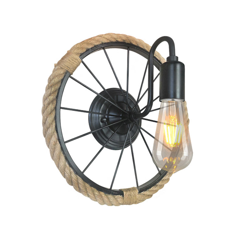 Avtoit | 1 Light Open Bulb Wall Lamp Industrial Black Rope Wall Mounted Lamp with Wheel Shape
