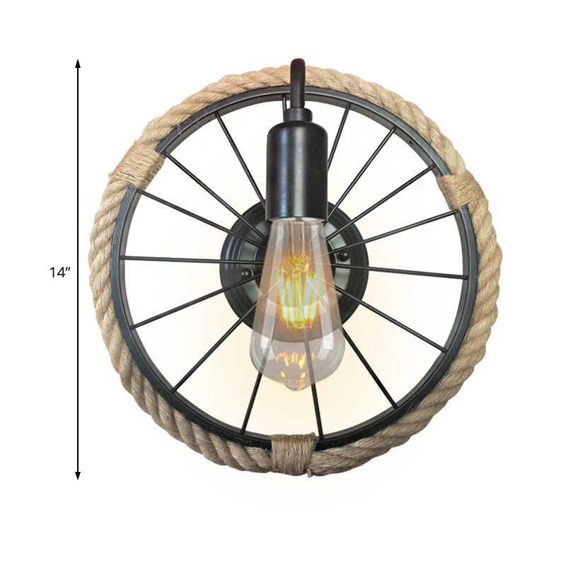 Avtoit | 1 Light Open Bulb Wall Lamp Industrial Black Rope Wall Mounted Lamp with Wheel Shape