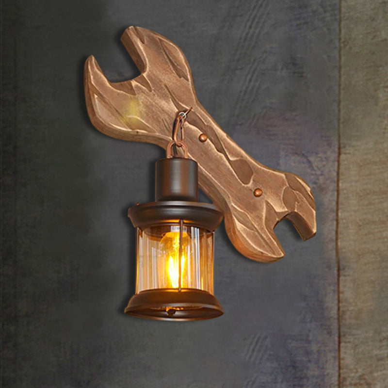 Avtoit | Lantern Indoor Wall Lighting Rustic Style Clear Glass 1 Light Black Wall Lamp with Wooden Backplate