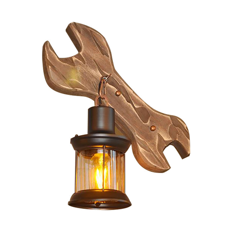 Avtoit | Lantern Indoor Wall Lighting Rustic Style Clear Glass 1 Light Black Wall Lamp with Wooden Backplate